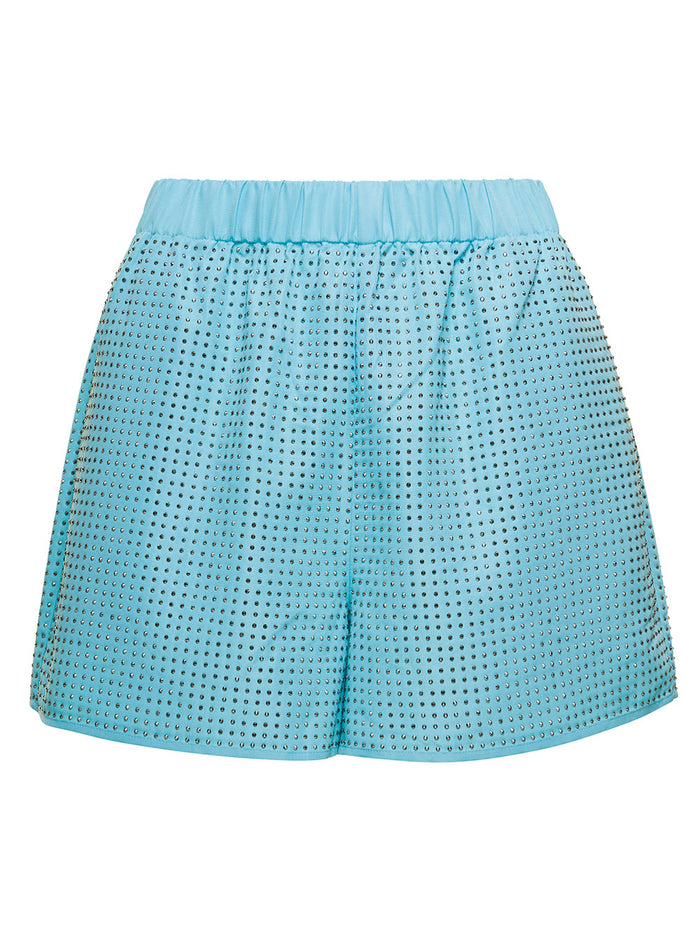 Shorts With All-Over Crystal Embellishment Light Blue Technical Fabric Woman Polyester And Bermuda