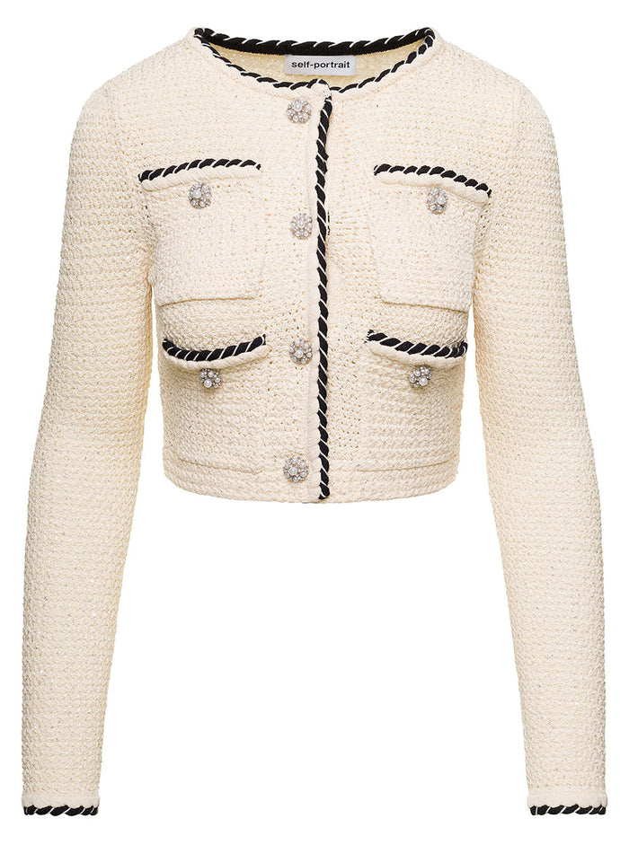 Cream Sequin Knitted Crop Cardigan White Polyester Viscose Polyamide Jersey
