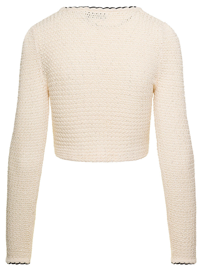 Cream Sequin Knitted Crop Cardigan White Polyester Viscose Polyamide Jersey