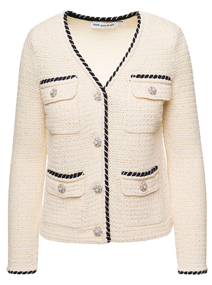 Cream Sequin Knitted Cardigan White Polyester Viscose Polyamide Jersey