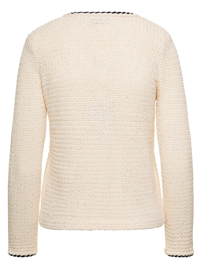 Cream Sequin Knitted Cardigan White Polyester Viscose Polyamide Jersey