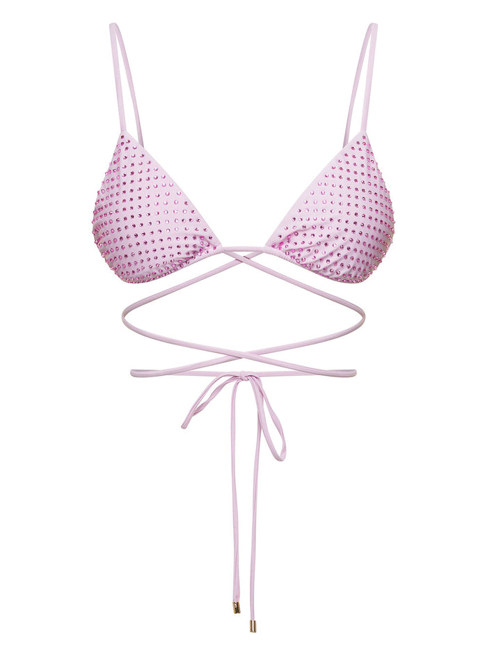 Triangle Bikini Top With All-Over Crystal Embellishement Lilac Polyammide Woman Violet Polyamide Elastane Beachwear