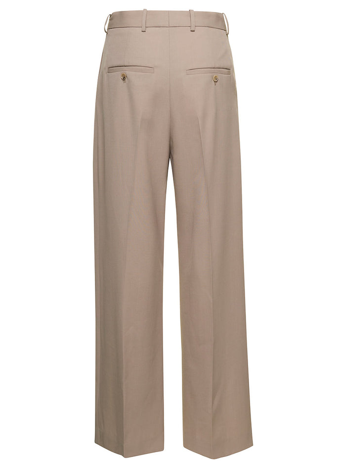 Deep Pleat Straight Trousers Beige Recycled Polyester Wool