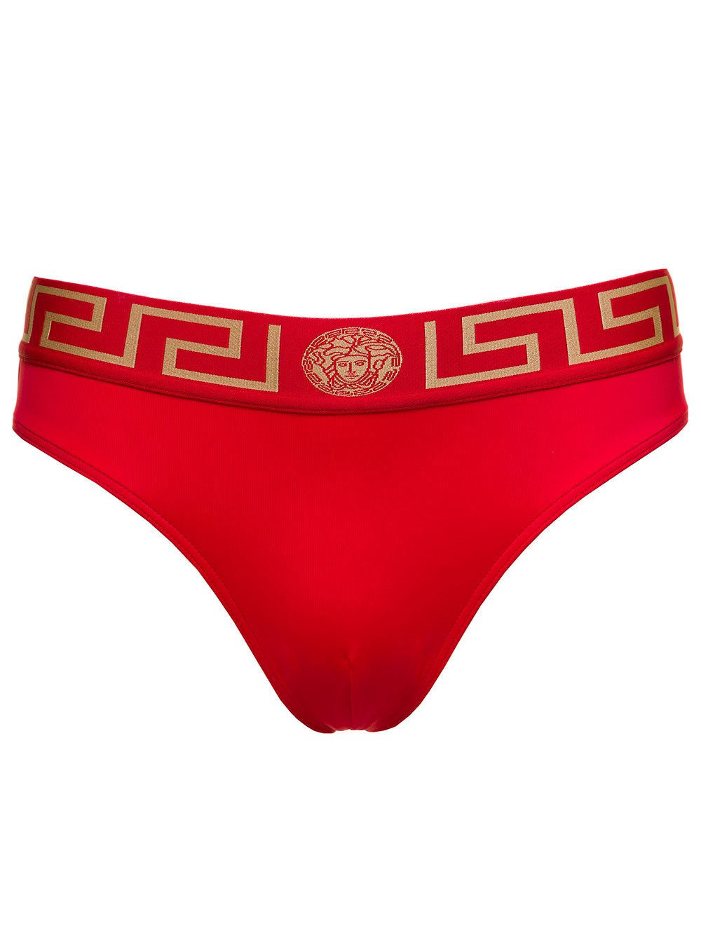 Red Swim Briefs With Medusa Head And Greca Motif Polyamide Stretch Man Polyammide Elastan Beachwear