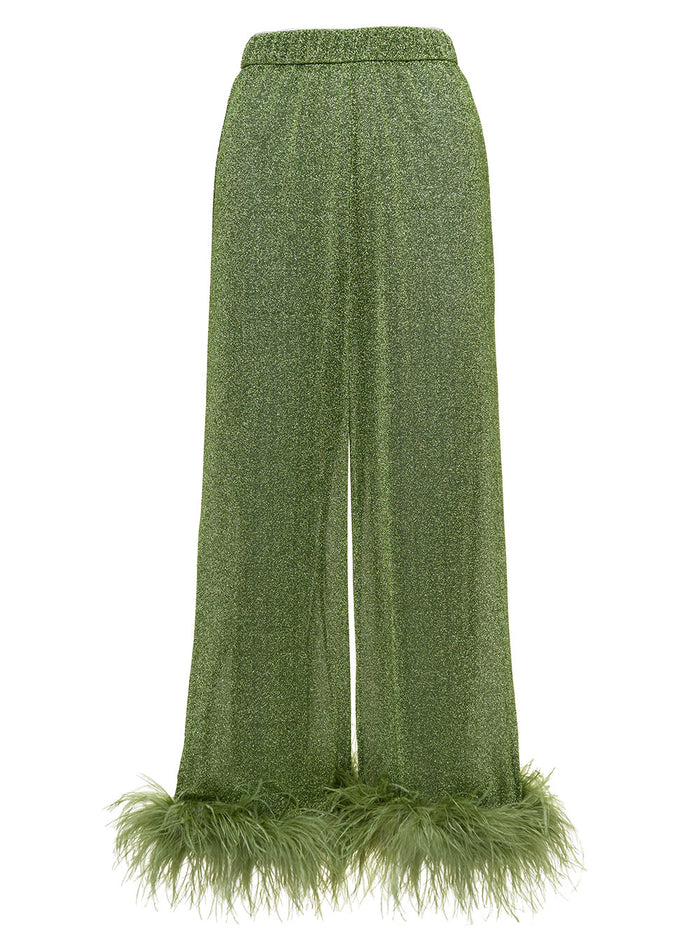 Lumière Green Loose Pants With Feather Trim Lurex Woman Oséree Polyamide Metallic Trousers