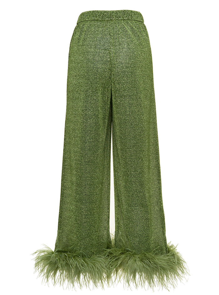 Lumière Green Loose Pants With Feather Trim Lurex Woman Oséree Polyamide Metallic Trousers