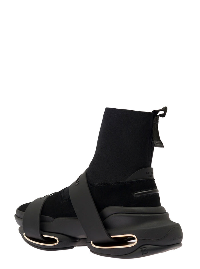 B-Bold Black Chunky High-Top Sneakers With Logo Straps Stretch Polyester Man Balmain Elastane