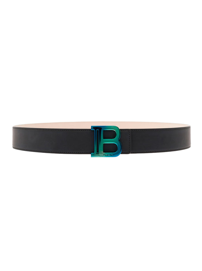 Black Belt With Iridiscent Logo Buckle Calf Leather Man