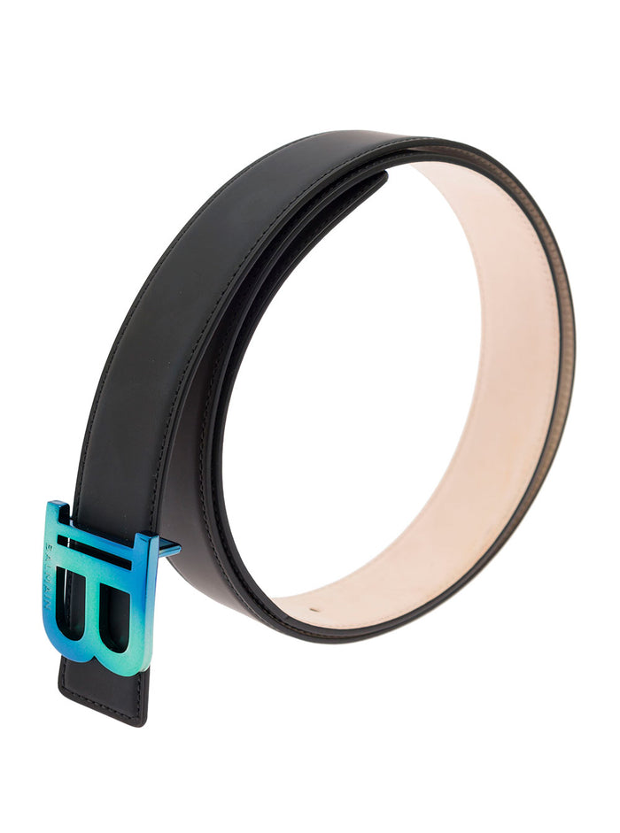 Black Belt With Iridiscent Logo Buckle Calf Leather Man