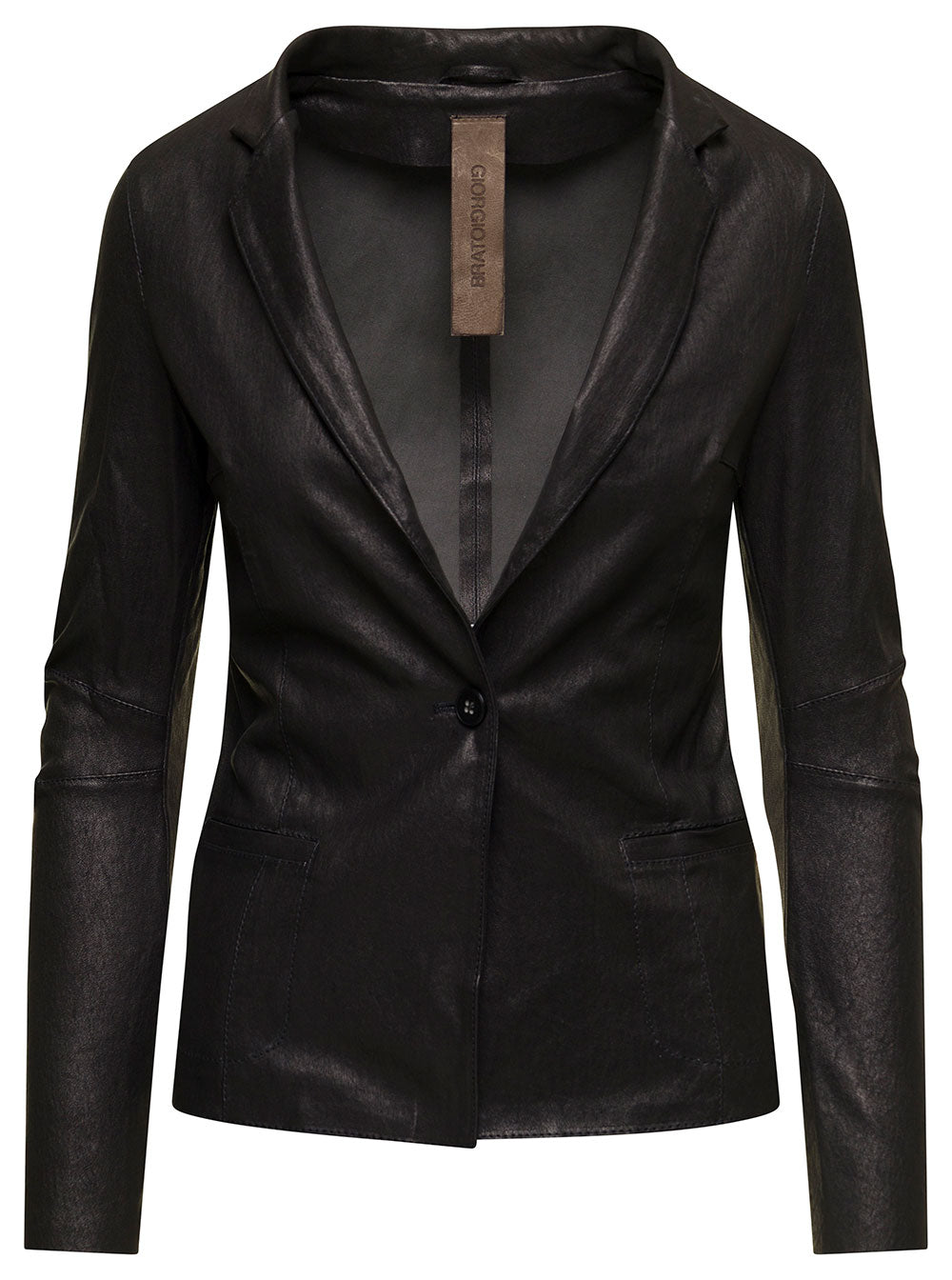 Black Single-Breasted Jacket With Notched Revers Smooth Leather Woman Lamb Blazers