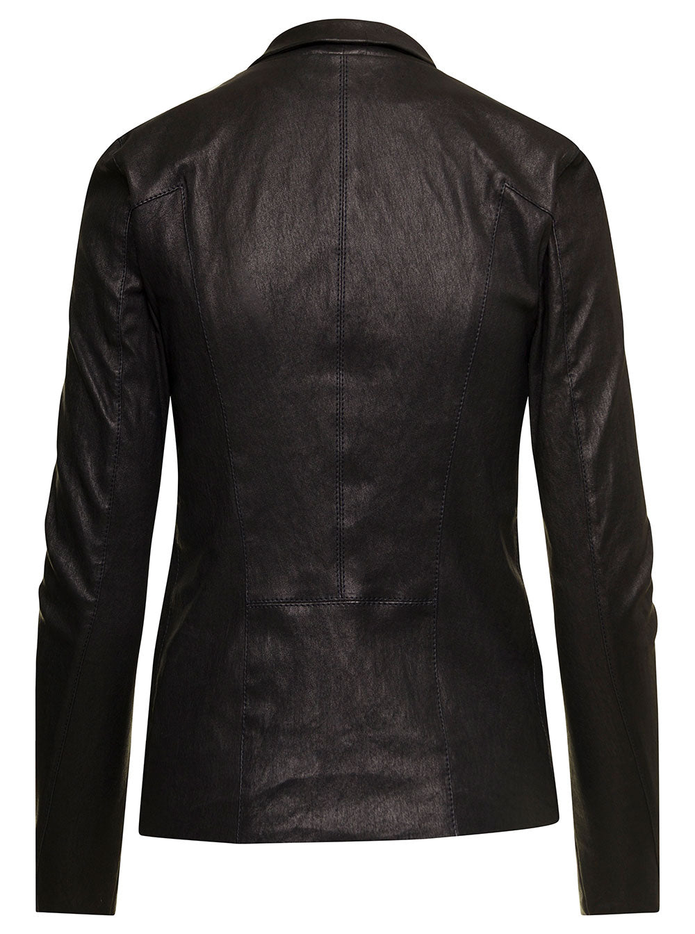 Black Single-Breasted Jacket With Notched Revers Smooth Leather Woman Lamb Blazers
