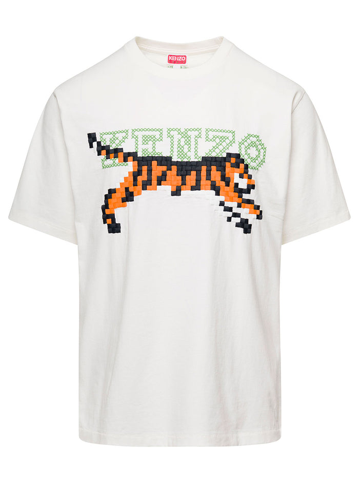 White Oversized T-Shirt With Pixel Logo Embroidery Cotton Man Tshirts And Polo Shirts