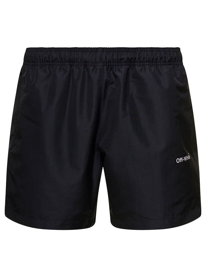 Black Short Swim Trunks With Logo Lettering Print Nylon Man Polyamide Beachwear