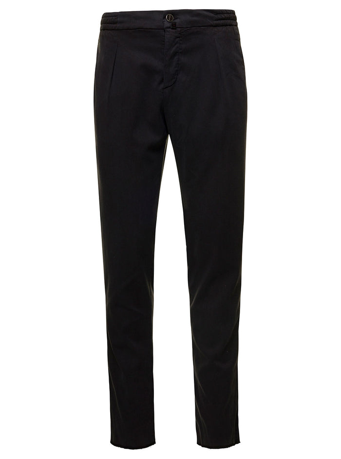 Black Slim Trousers With Elasticated Waistband Stretch Lyocell Man Elastane