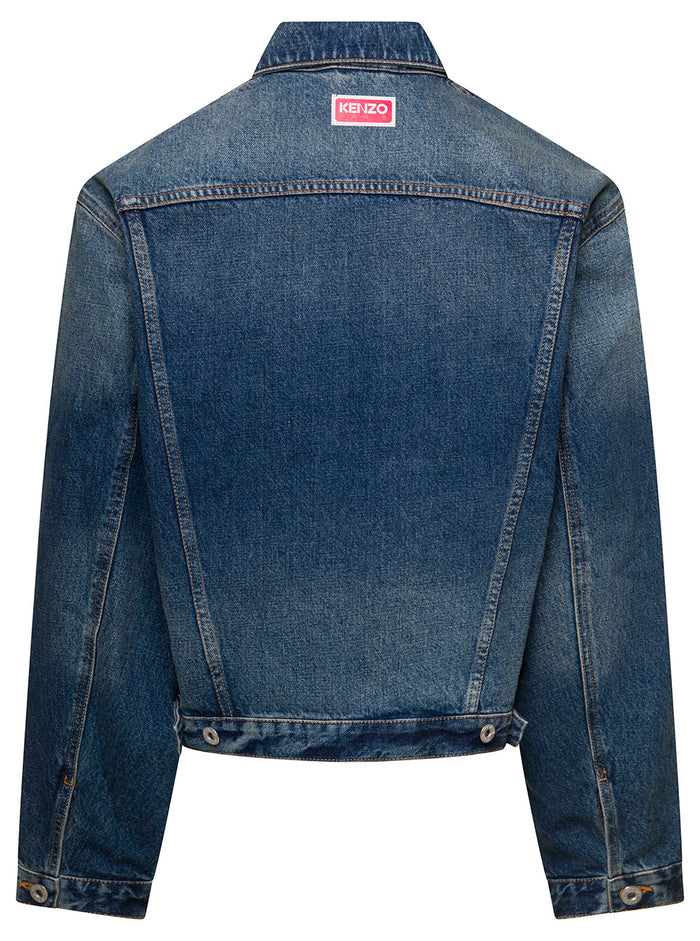 Blue Denim Jacket With Logo Patch And Contrasting Stitching Cotton Man Blu