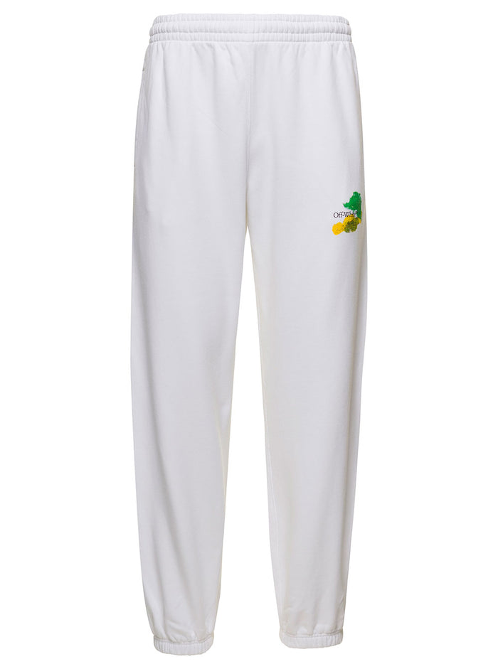 White Track Pants Wuth Brush Logo Print And Arrow Motif Cotton Man Trousers
