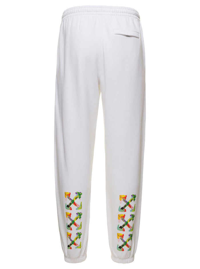 White Track Pants Wuth Brush Logo Print And Arrow Motif Cotton Man Trousers