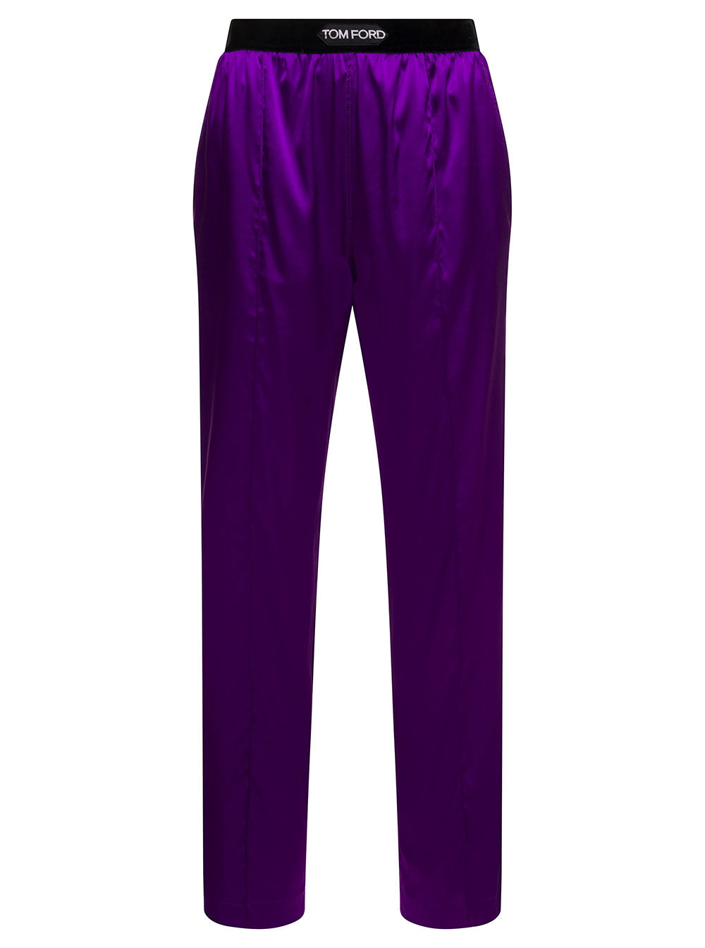 Purple Satin Pants With Logo On Waistband Stretch Silk Woman Violet Lyocell Trousers