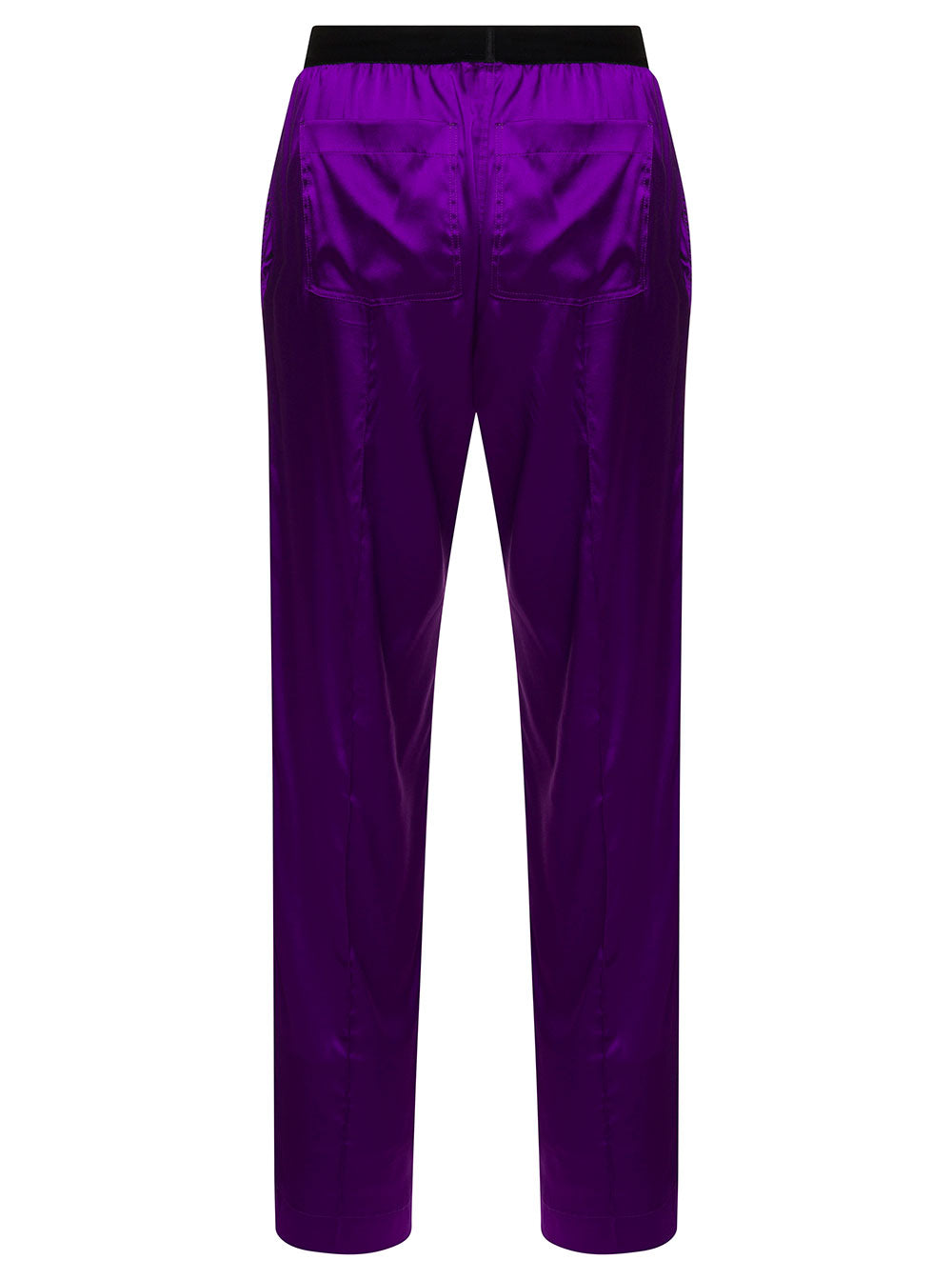 Purple Satin Pants With Logo On Waistband Stretch Silk Woman Violet Lyocell Trousers