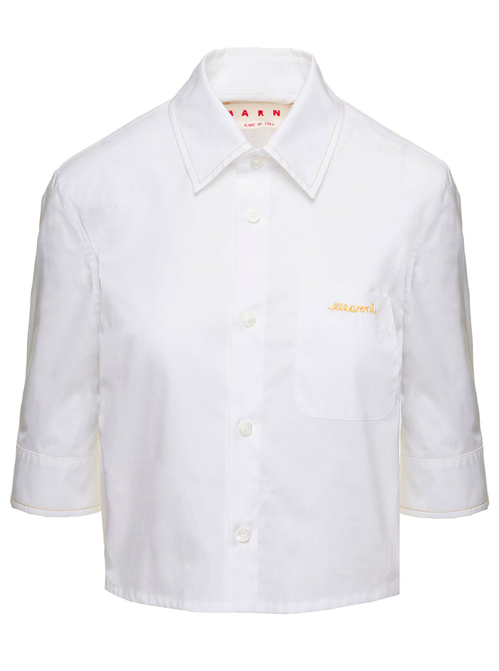 White Cropped Shirt With Contrasting Embroidered Logoin Cotton Woman Woven And Blouses