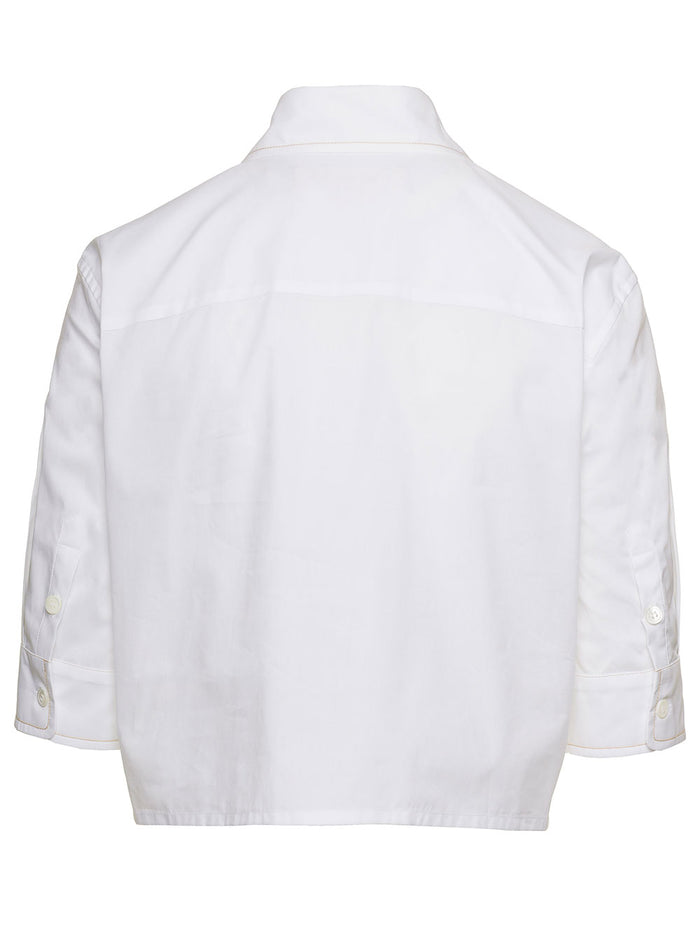 White Cropped Shirt With Contrasting Embroidered Logoin Cotton Woman Woven And Blouses