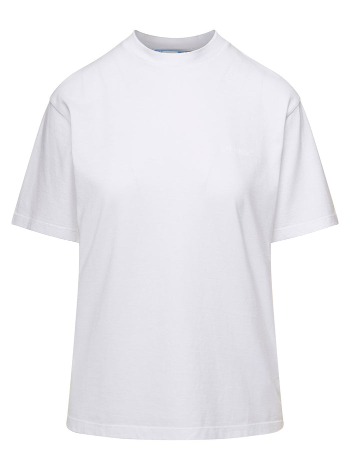 White Crewneck T-Shirt With Tonal Logo And Diag Print Cotton Woman Tshirts Polo Shirts