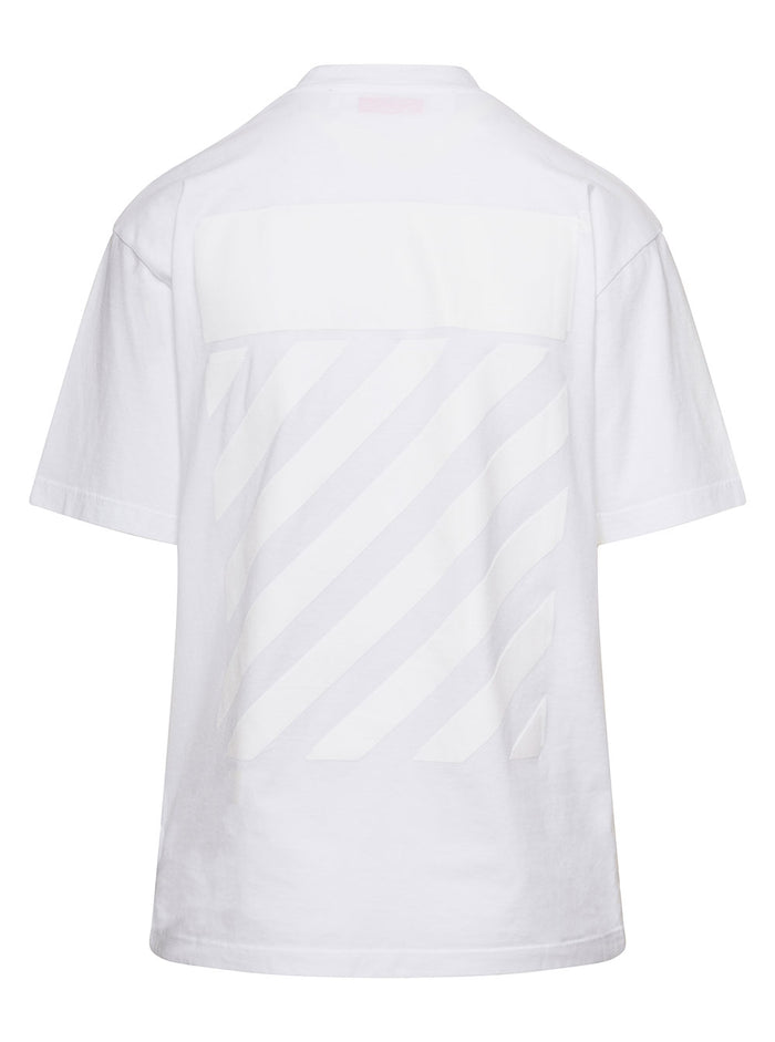 White Crewneck T-Shirt With Tonal Logo And Diag Print Cotton Woman Tshirts Polo Shirts