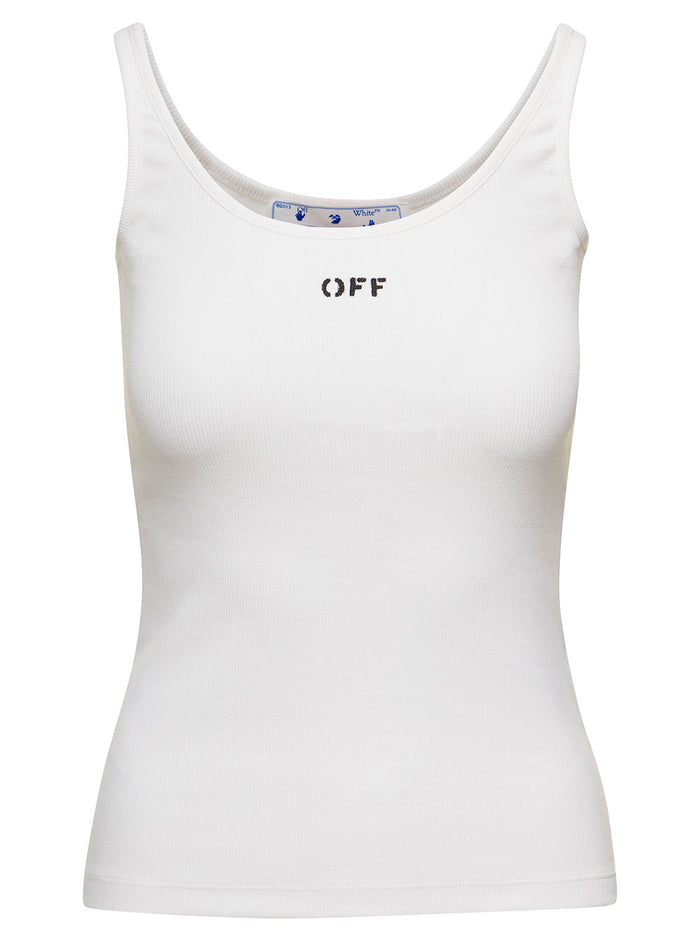 White Ribbed Tank Top With Contrasting Off Print Stretch Cotton Woman Elastane Tshirts And Polo Shirts