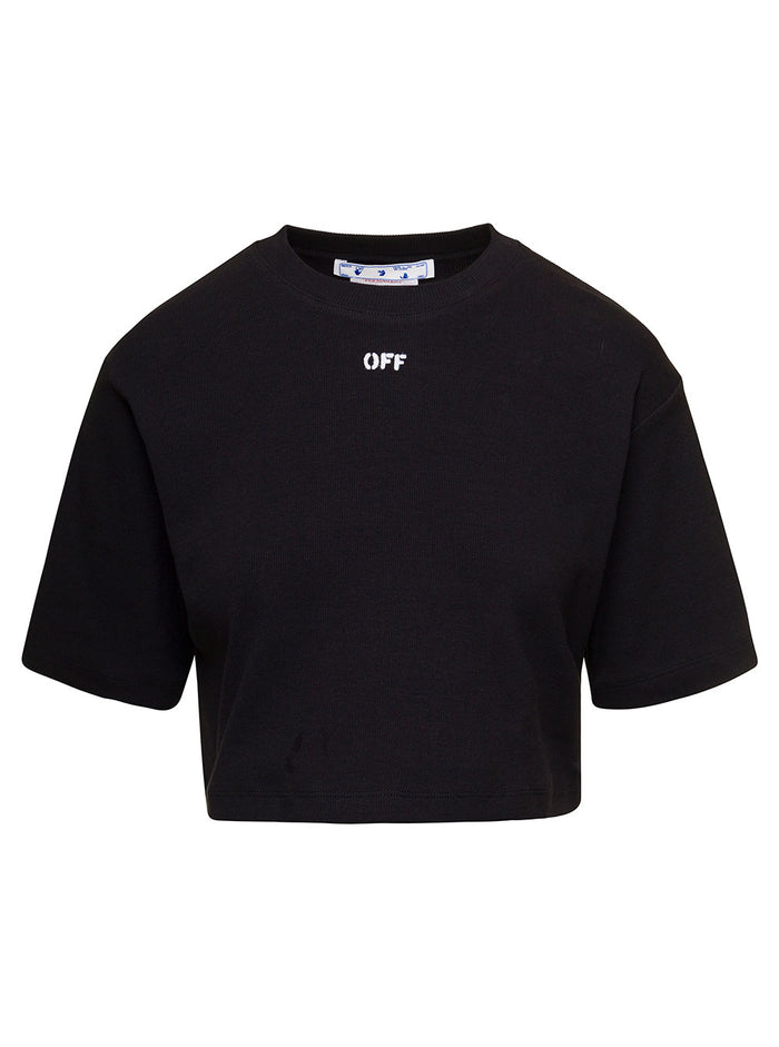 Black Cropped Ribbed T-Shirt With Contrasting Logo Print Stretch Cotton Woman Elastane Tshirts And Polo Shirts