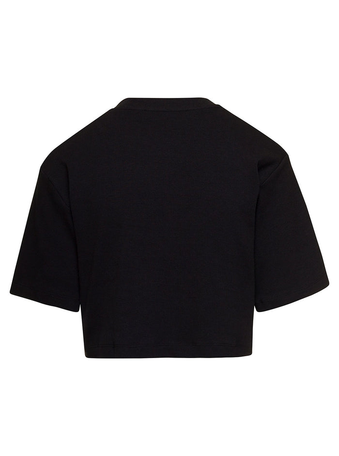 Black Cropped Ribbed T-Shirt With Contrasting Logo Print Stretch Cotton Woman Elastane Tshirts And Polo Shirts