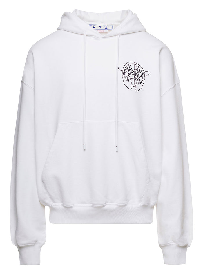 White Relaxed Hoodie With Hand Arrow Motif Cotton Man Sweatshirts