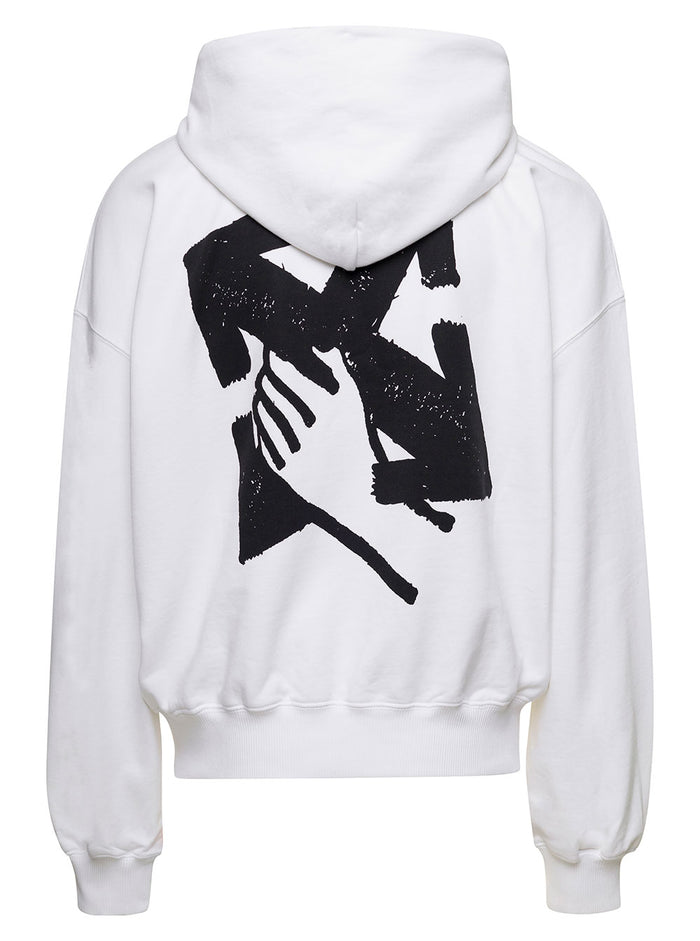 White Relaxed Hoodie With Hand Arrow Motif Cotton Man Sweatshirts