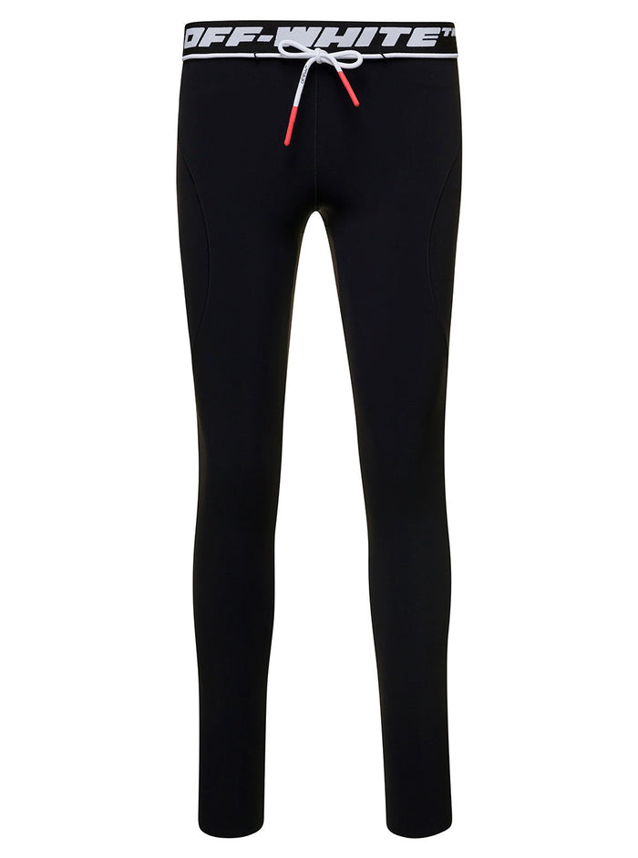 Black Leggings With Logo And Drawstring Stretch Polyamide Woman Elastane Trousers