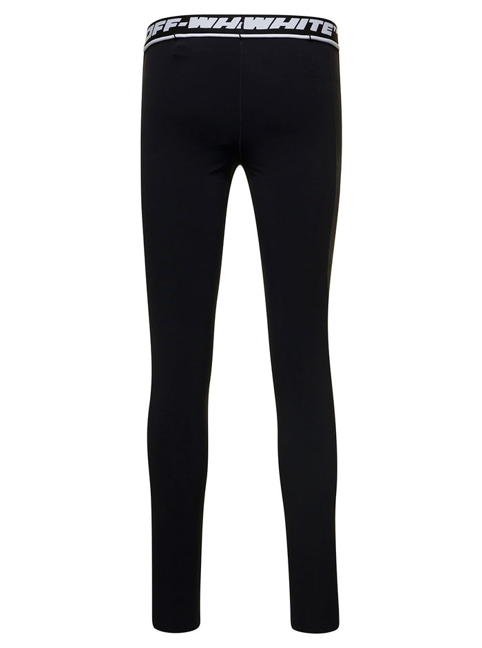 Black Leggings With Logo And Drawstring Stretch Polyamide Woman Elastane Trousers