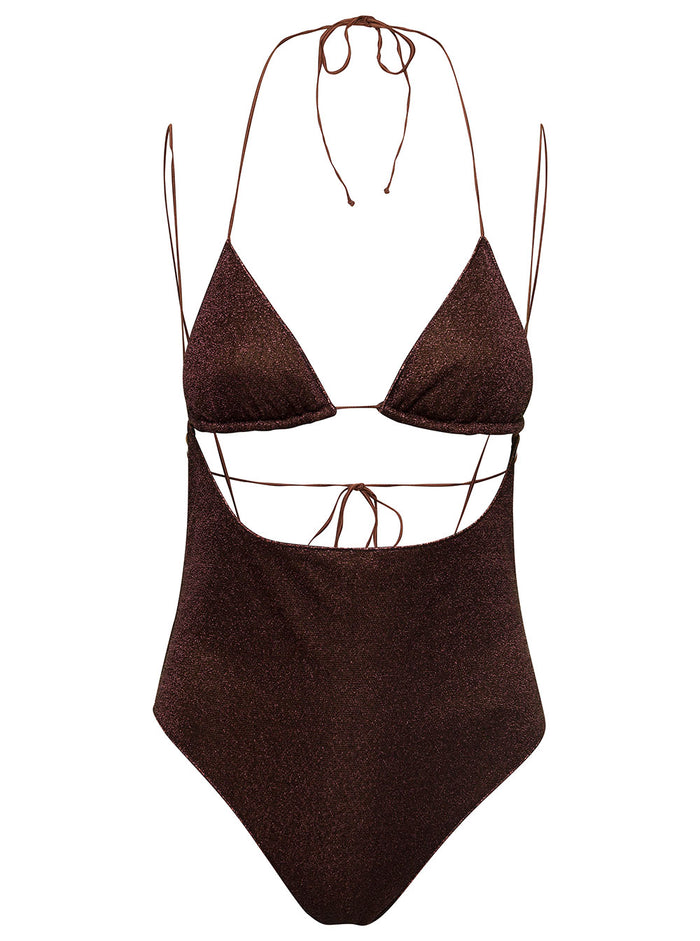 Lumiere Kini Maillot Brown Swimsuit With Cut-Out Detail Lurex Woman Polyamide Metallic Beachwear