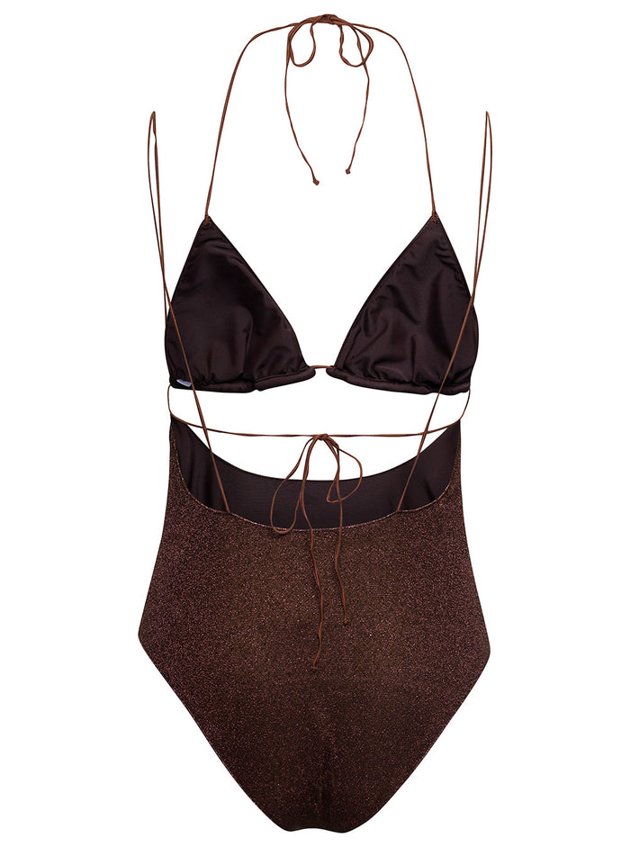 Lumiere Kini Maillot Brown Swimsuit With Cut-Out Detail Lurex Woman Polyamide Metallic Beachwear