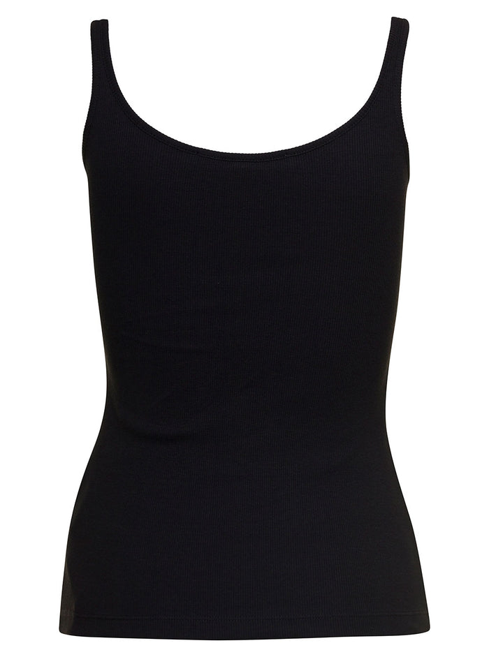Black Ribbed Tank Top With Contrasting Off Print Stretch Cotton Woman Elastane Tshirts And Polo Shirts
