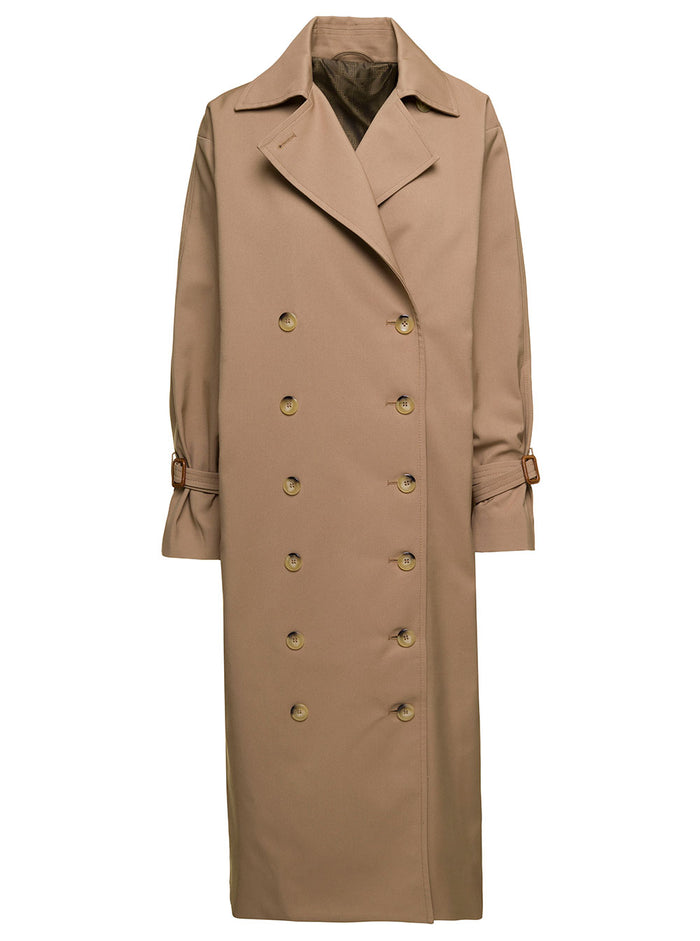 Signature Long Camel Brown Trench Coat With Belted Cuffs Cotton Blend Woman Beige Polyester