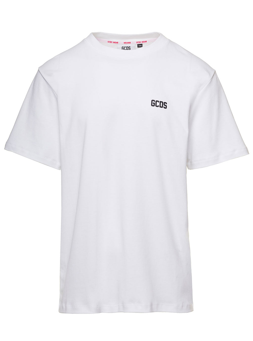 White Crewneck With Contrasting Logo Print Cotton Man Tshirts And Polo Shirts