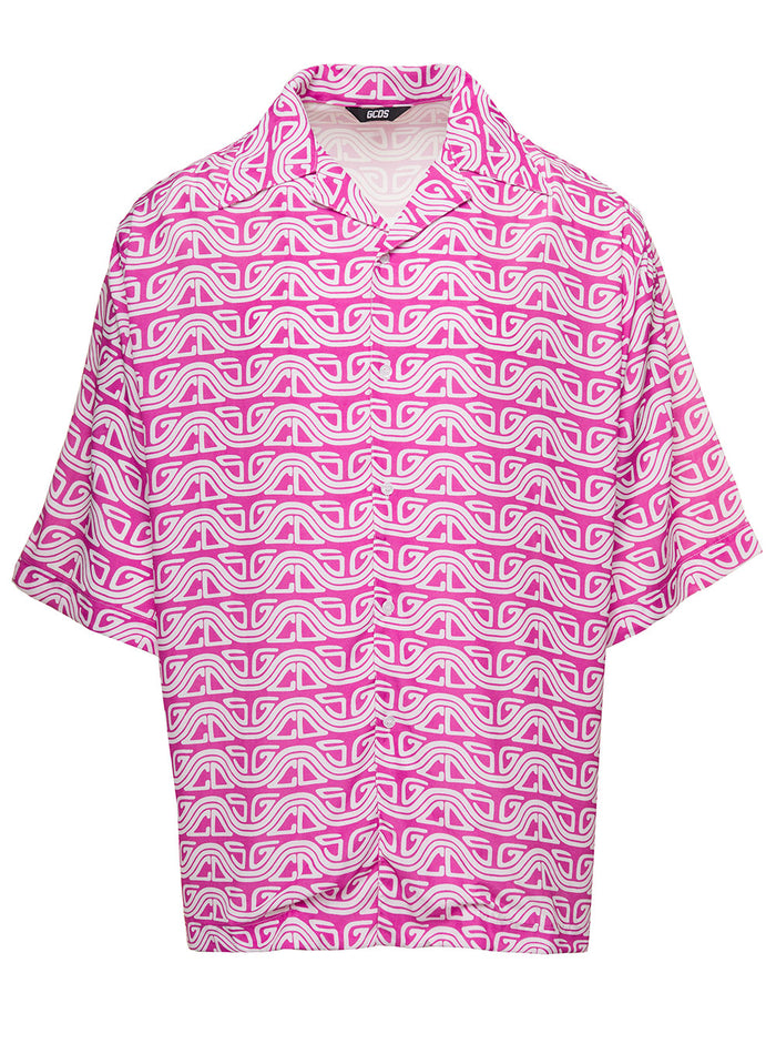 Pink Shirt With All-Over Gcds Surf Logo Print Viscose Man And Blouses