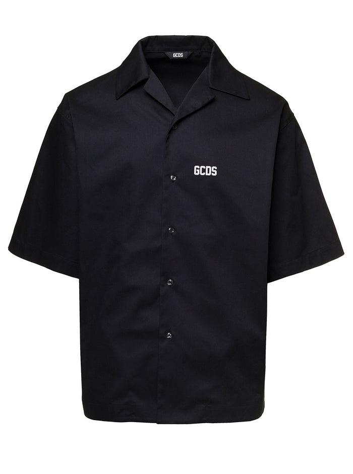 Black Short Sleeves Shirt With Contrasting Logo Print Cotton Blend Man Pes And Blouses