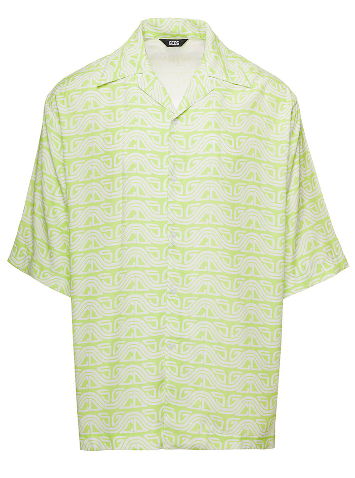 Green Shirt With All-Over Gcds Surf Logo Print Viscose Man And Blouses