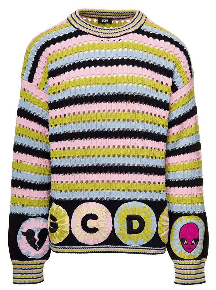 Crewneck Sweater With Multi-Colored Stripes Simil Cotton Crochet Man Jersey