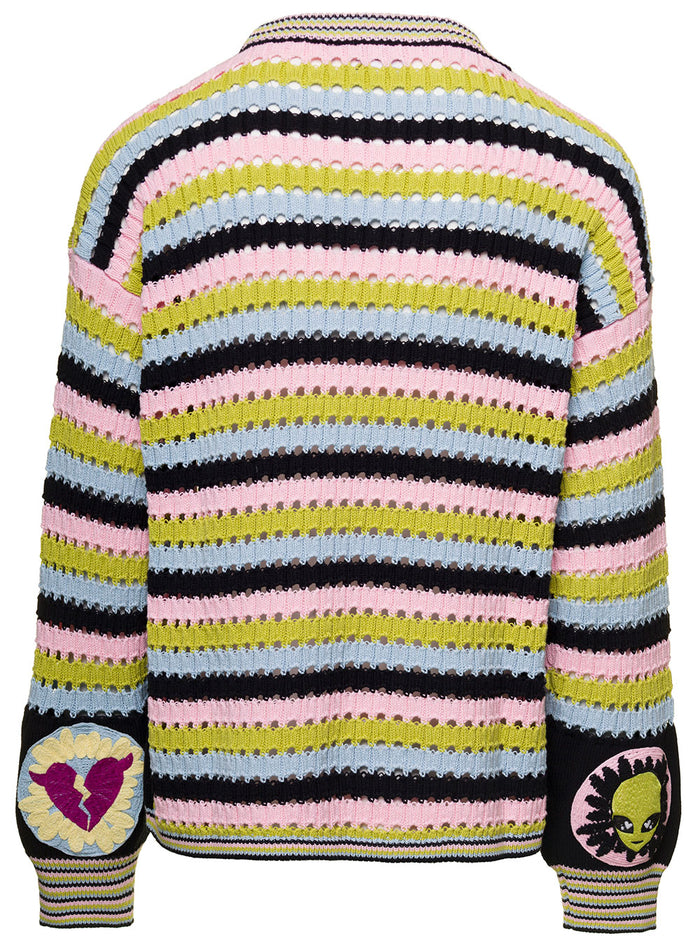 Crewneck Sweater With Multi-Colored Stripes Simil Cotton Crochet Man Jersey