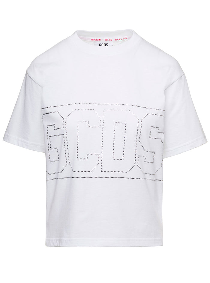 White Crewneck T-Shirt With Rhinestone Logo On The Front And Back Cotton Woman Tshirts Polo Shirts