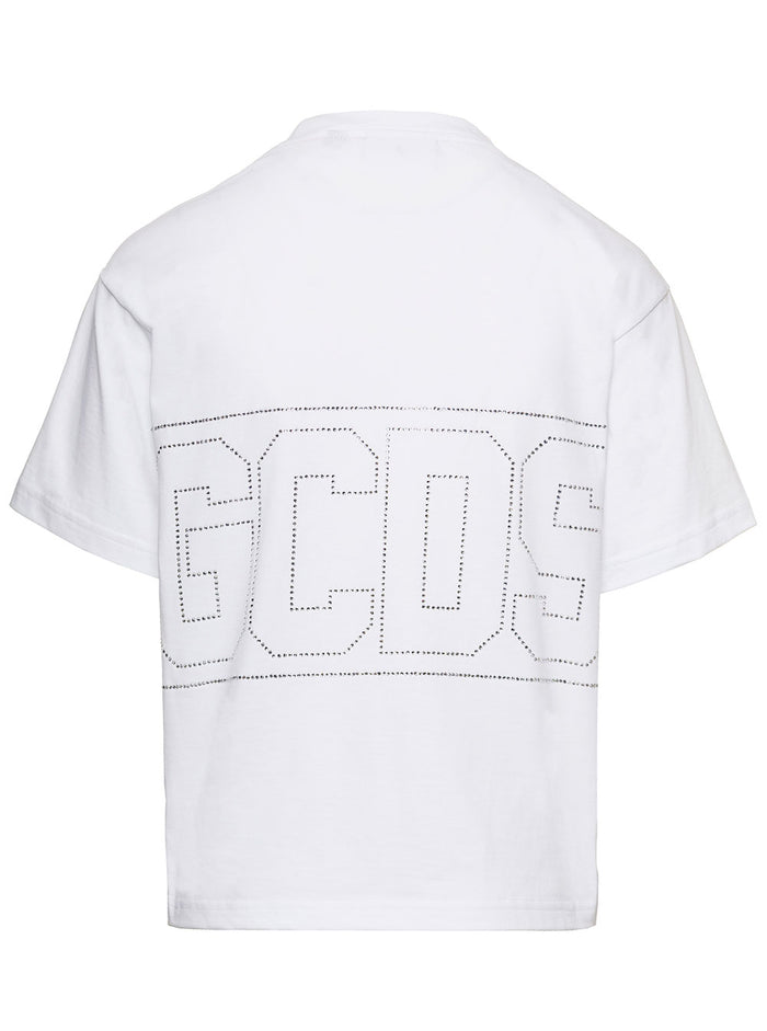 White Crewneck T-Shirt With Rhinestone Logo On The Front And Back Cotton Woman Tshirts Polo Shirts