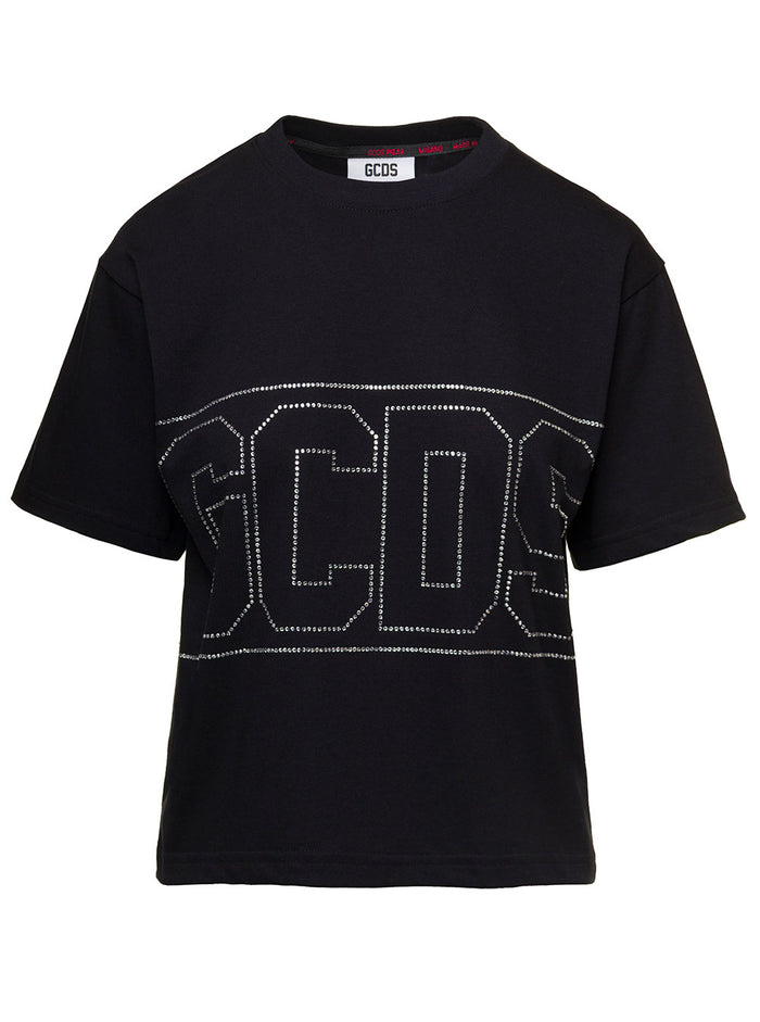 Black Crewneck T-Shirt With Rhinestone Logo On The Front And Back Cotton Woman Tshirts Polo Shirts