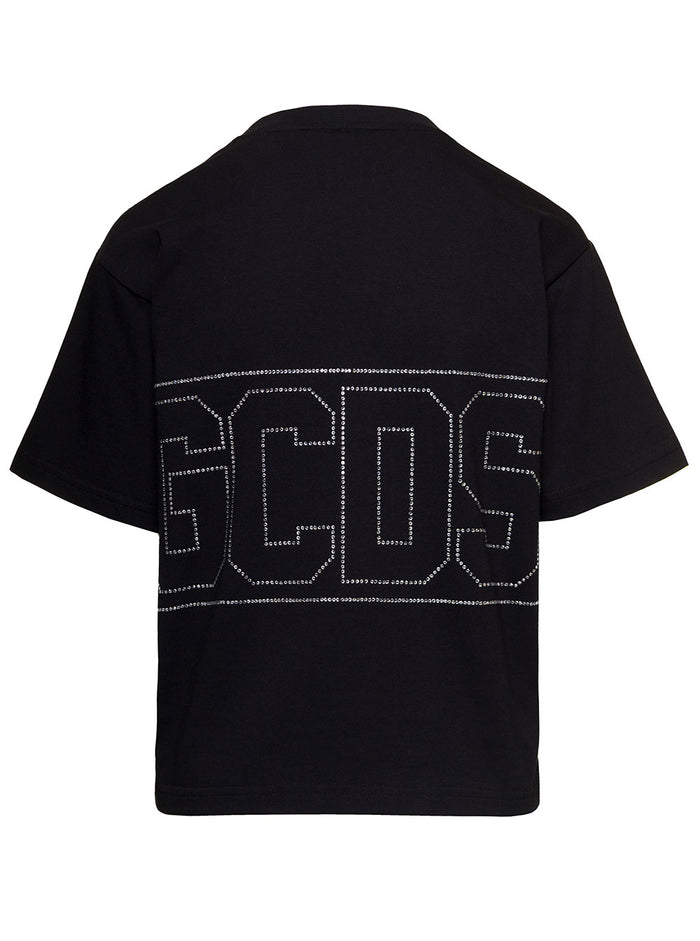 Black Crewneck T-Shirt With Rhinestone Logo On The Front And Back Cotton Woman Tshirts Polo Shirts