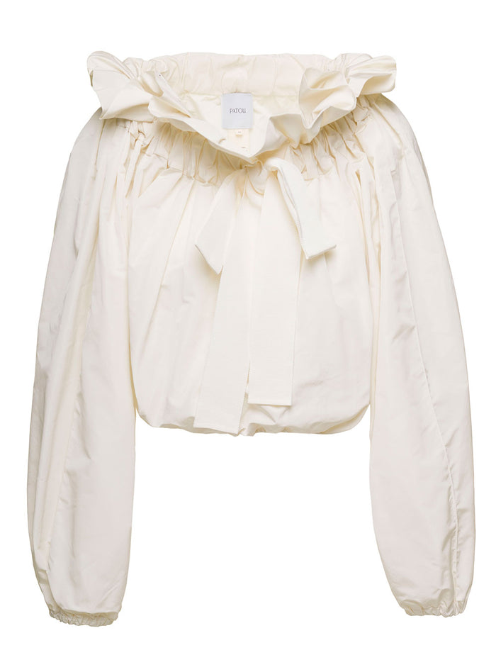 Beige Blosue With Drawstring Neck Rouches Detailing Polyester Woman Shirts And Blouses