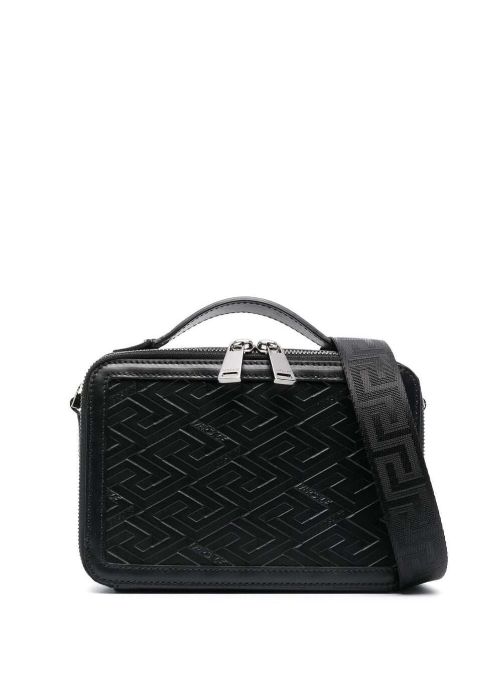 Messenger Bag With All-Over Greca Print Black Calf Leather Man Crossbody
